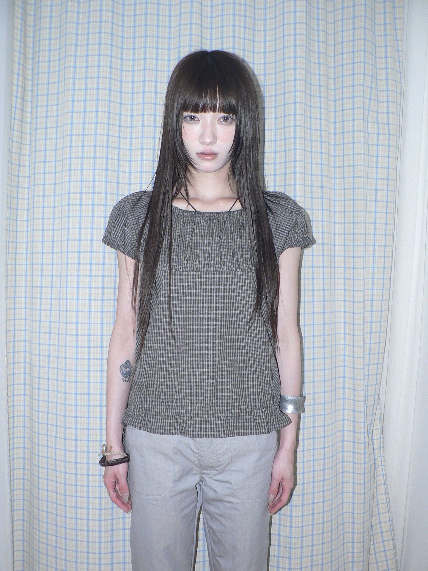 ANG: Project Retro Plaid Bubble Sleeve Waist Short Shirt