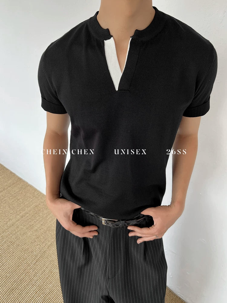 Chein Minimalist Contrasting Color V-neck Knitted Tee
