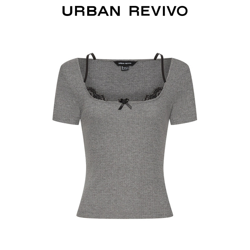 URBAN REVIVO Stitching Lace Bow Decorative Tee