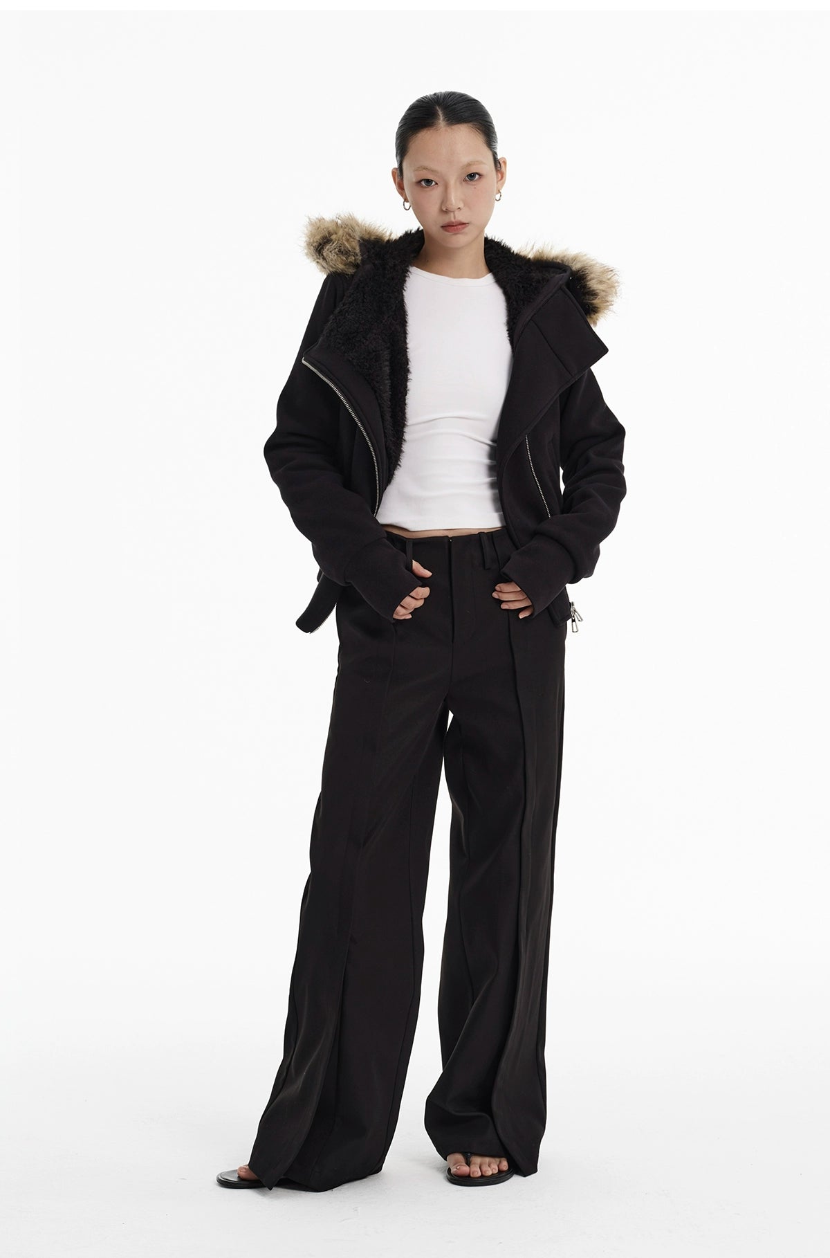 LINY LIBERTY Loose Raccoon Real Fur Collar Jacket Thickened Coat