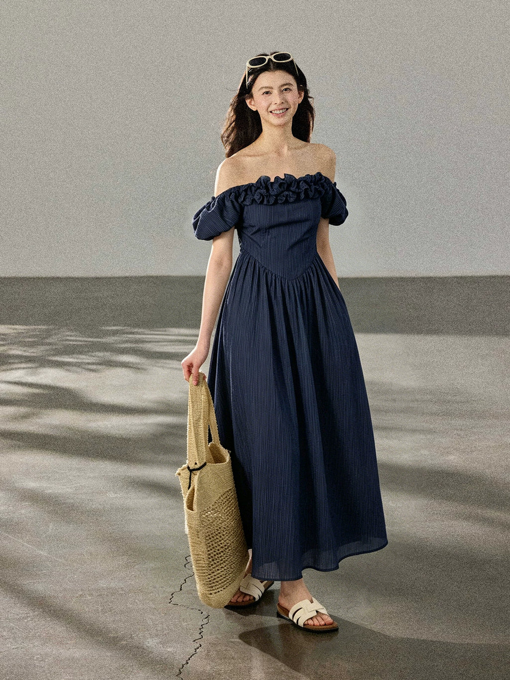TYANG Two Wear Three-dimensional Ruffle Edge One-word Shoulder Striped Dress
