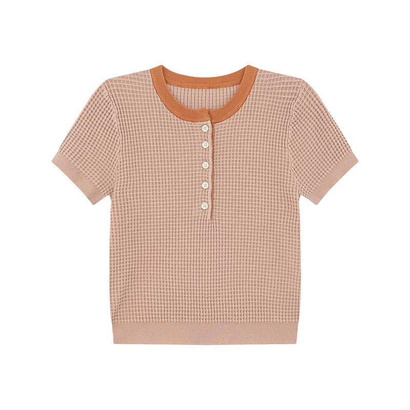 KANO Contrasting Color Round Neck Semi-open Short-sleeved Knitted Sweater