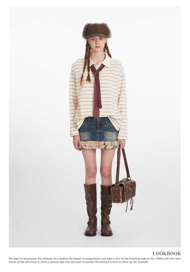 Nariele Hot Diamond Striped Loose Long Sleeve Polo Shirt