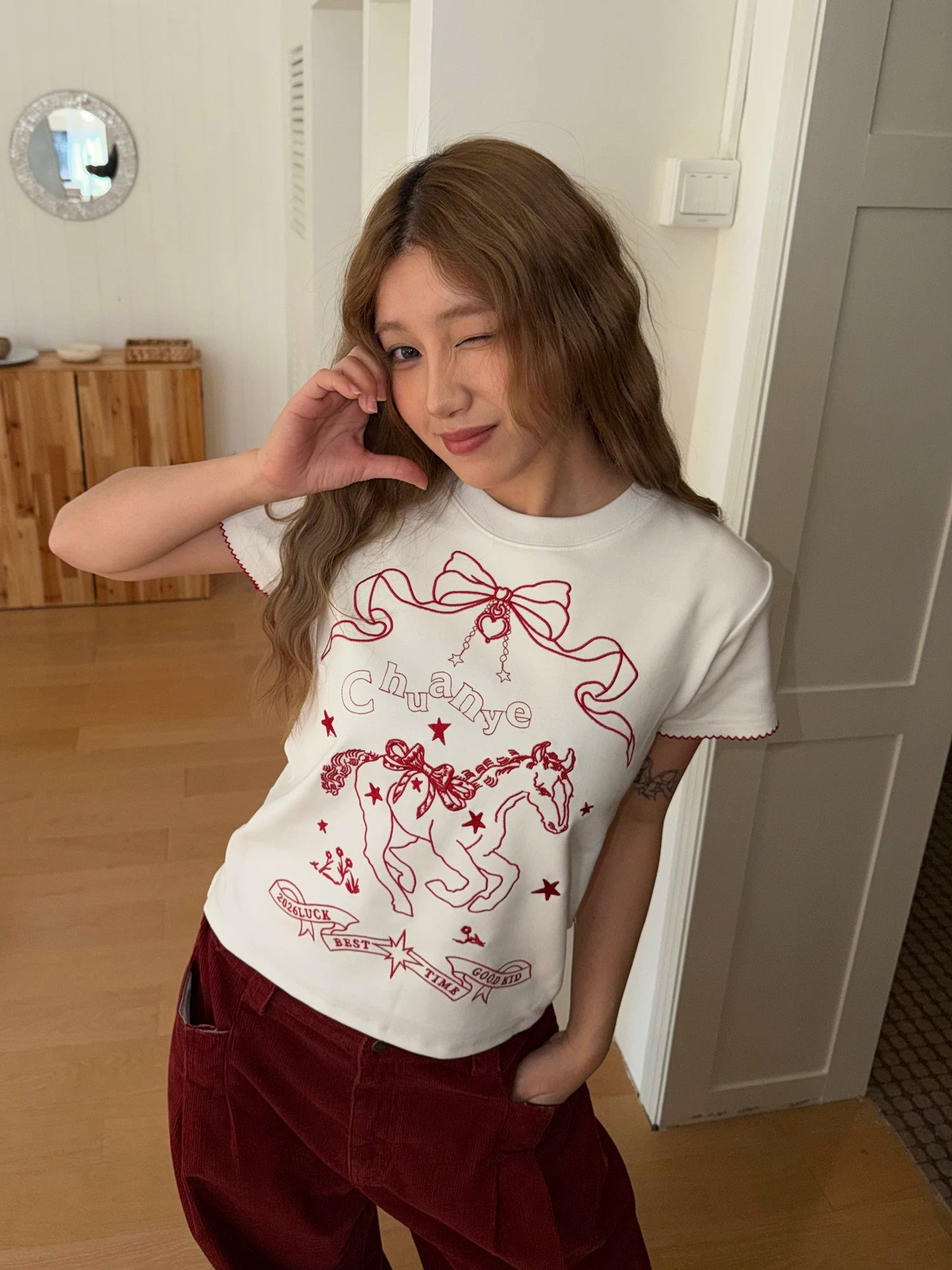 CCYE Embroidered Front Shoulder Lace Round Neck Tee