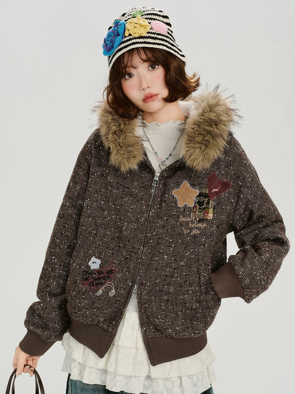 Girlyhalo Vintage Fur Collar Hooded Embroidered Jacket
