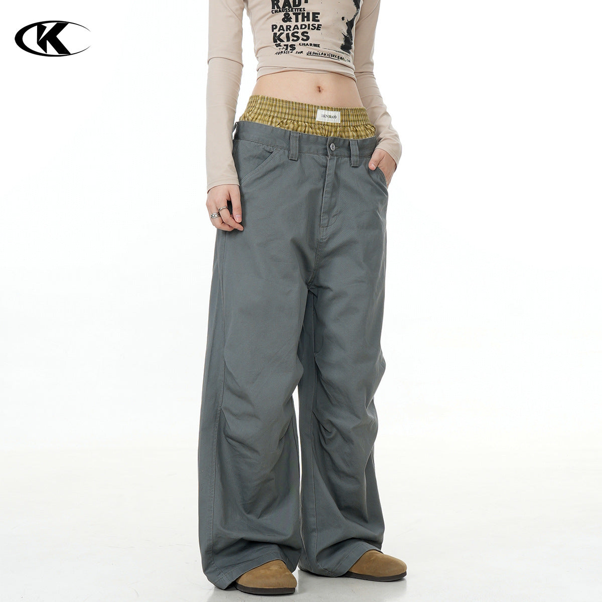 11KN Plaid Splicing Casual Straight-leg Pants