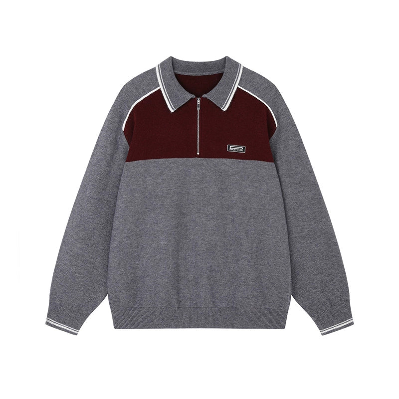 MATCHA STORY Contrast Polo Neck Loose Knitted Sweater