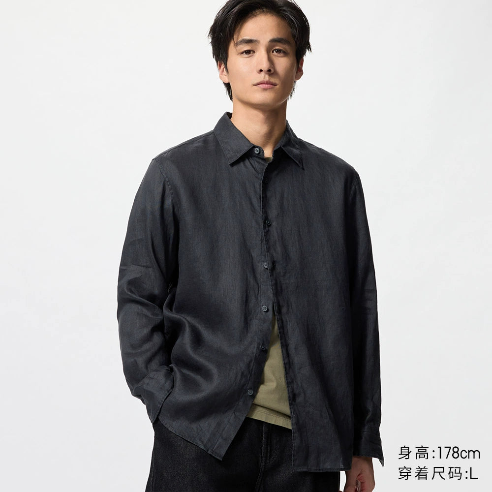 Uniqlo Men's and Women's French Hemp Shirt/Long Sleeve Shirt Linen Casual 25 Spring and Summer New 477641