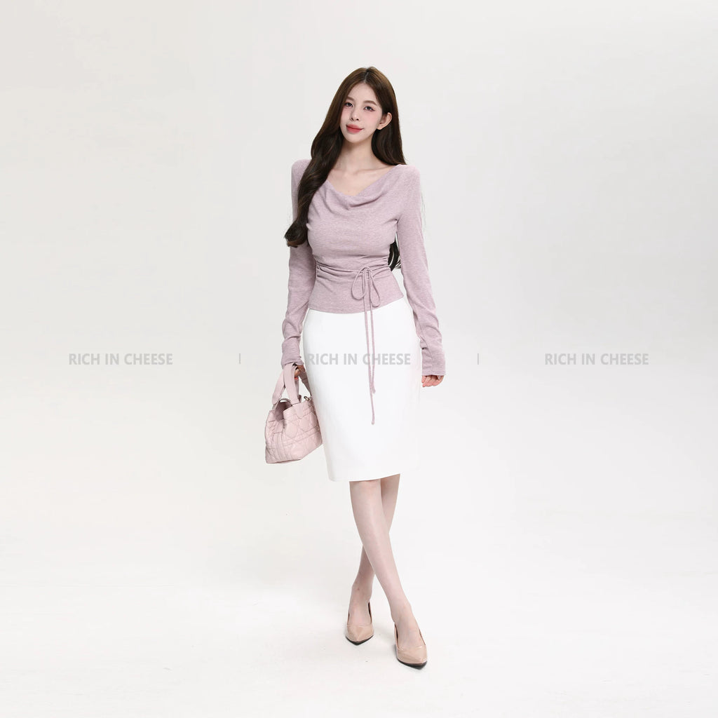 RICH IN CHEESE Waist Fold Temperament Swing Neck Long Sleeve