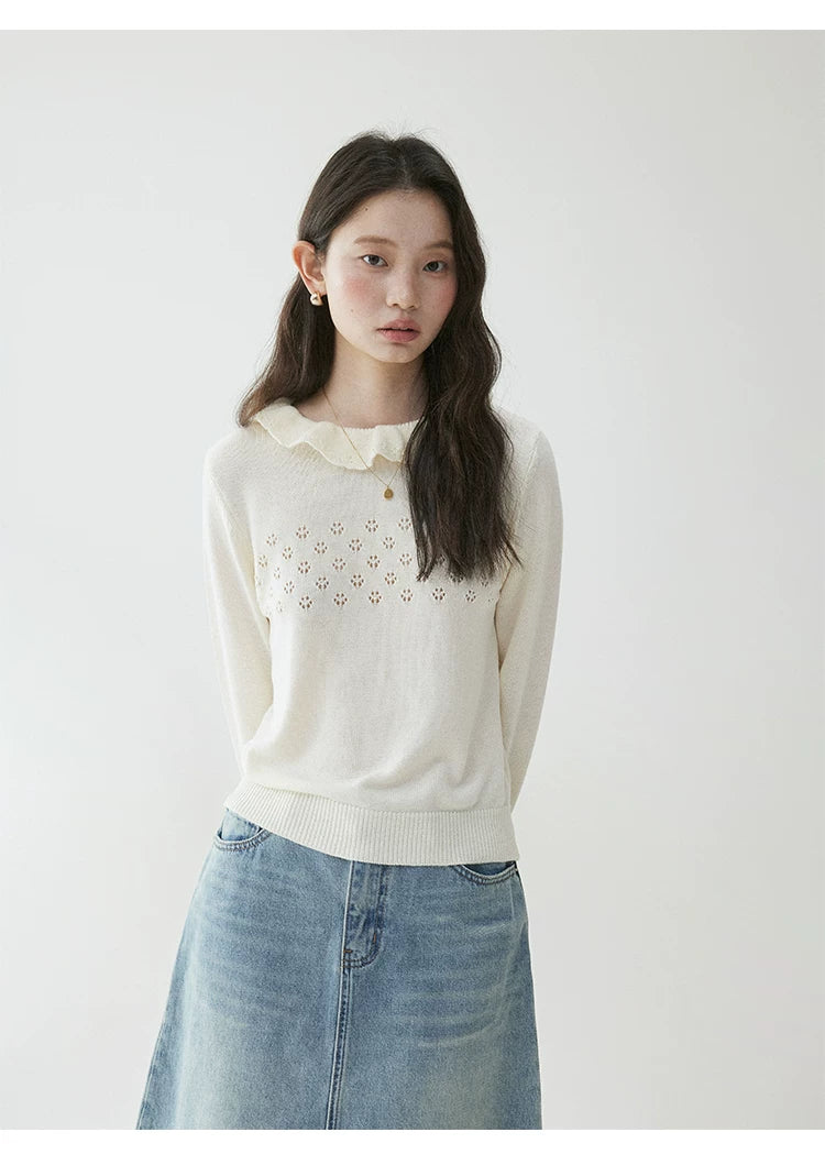 VOOE Lace Round Neck Hollow Long Sleeve
