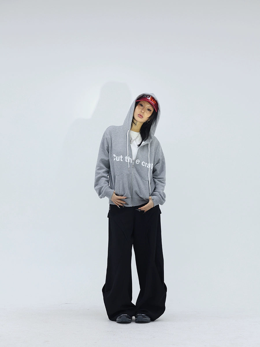 FUZZYKON Drawstring Hooded Letter Front Shoulder Sweater Jacket