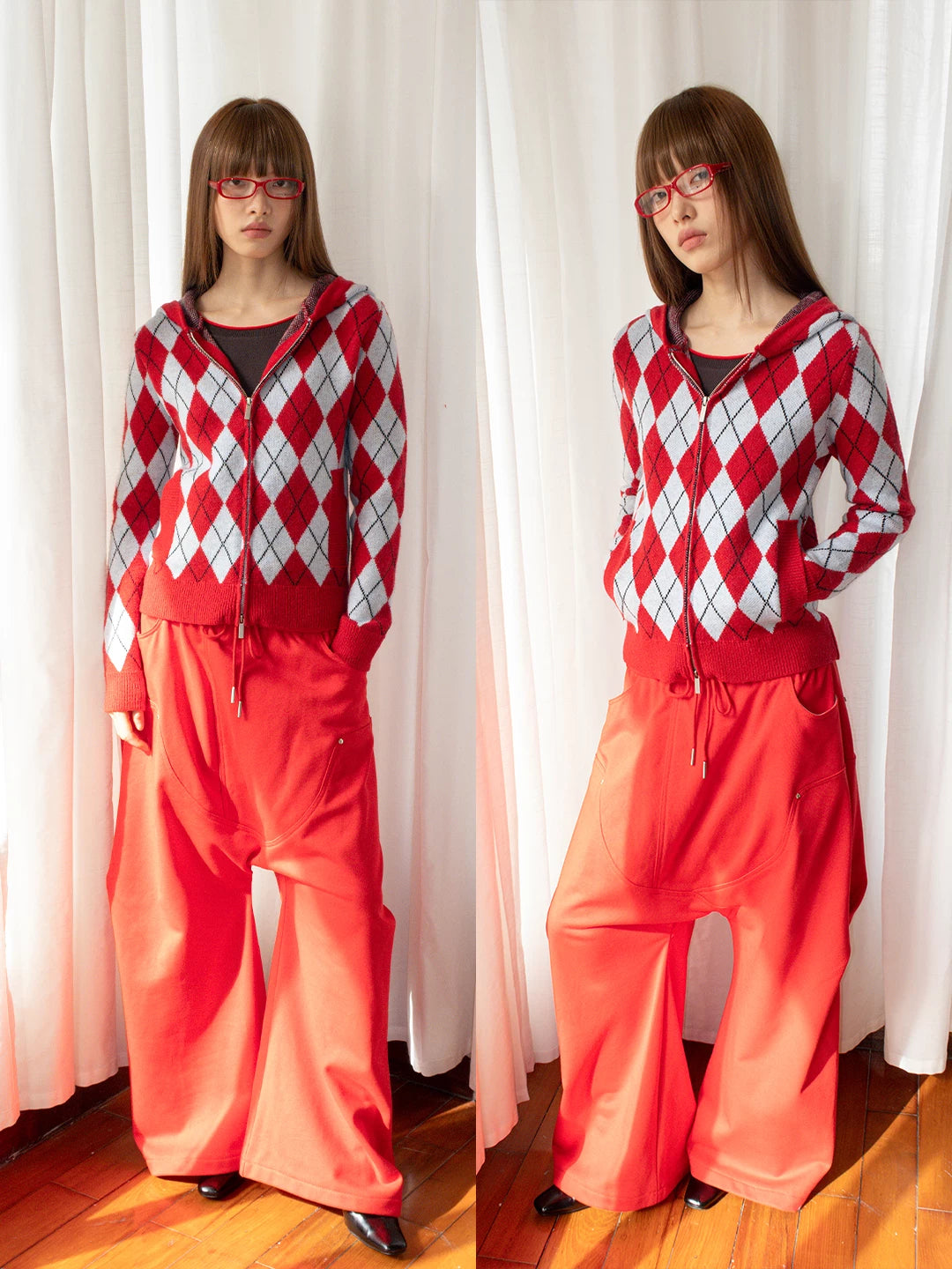 FUNKYFUN Diamond Plaid Contrast Stitching Hooded Knit Sweater Jacket