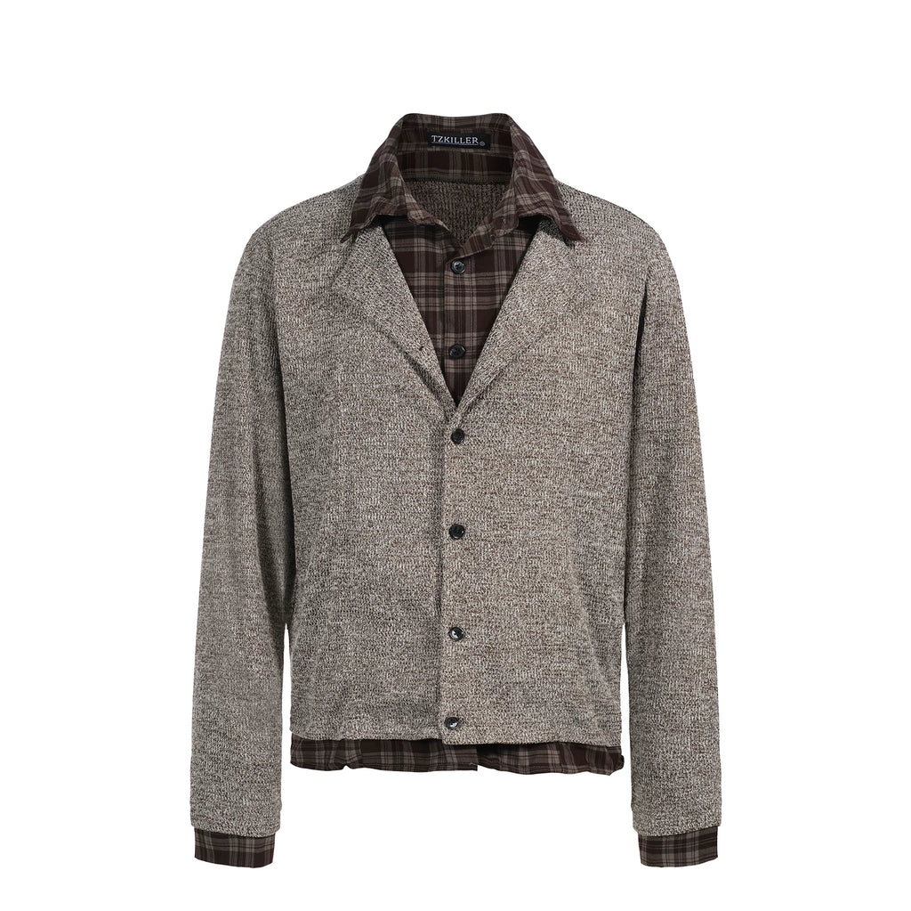 TZ Contrasting Color Layering Splicing Plaid Long-sleeved Shirt