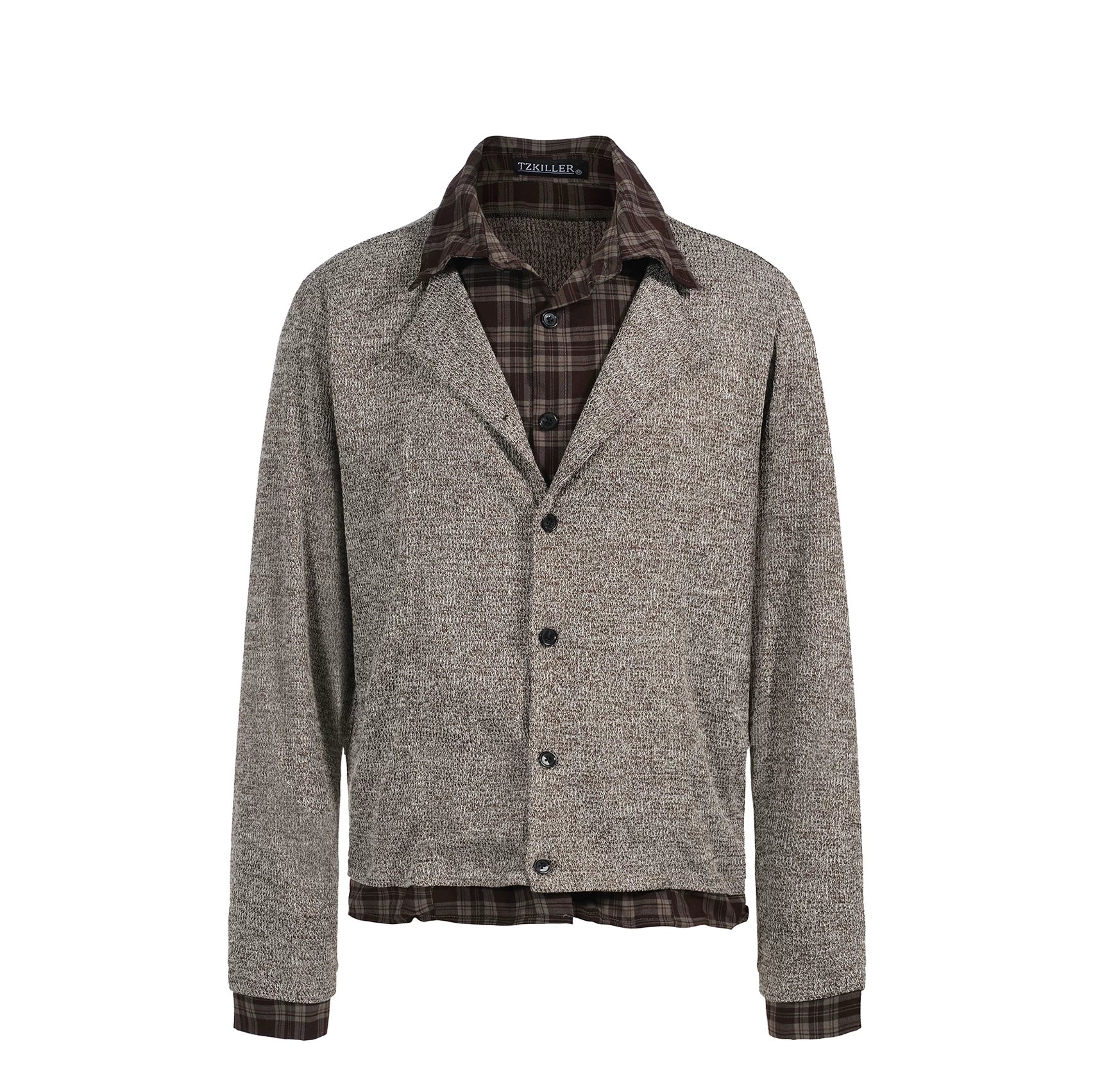 TZ Contrasting Color Layering Splicing Plaid Long-sleeved Shirt