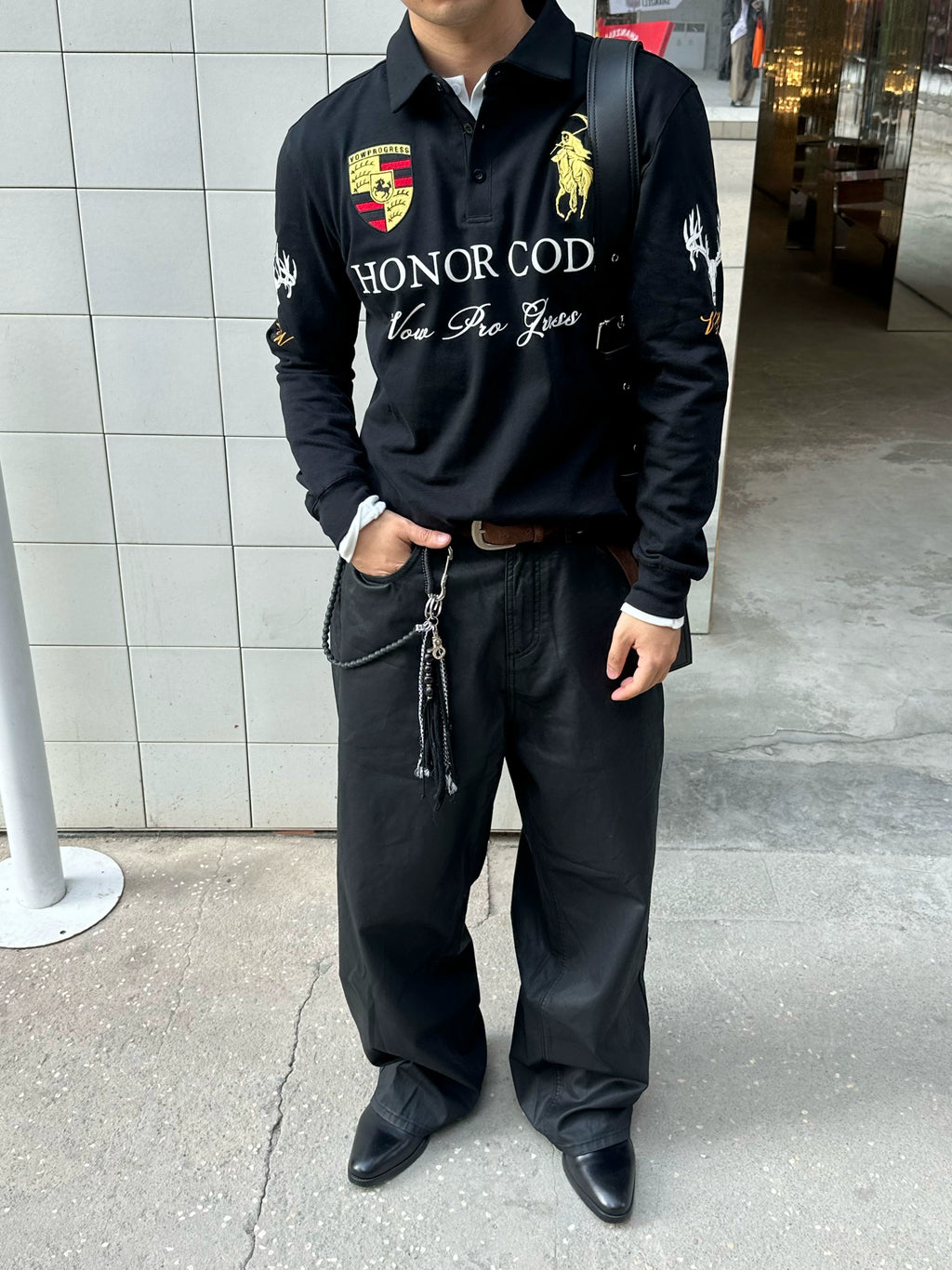 VOWPROGRESS Waist Embroidery Racing Polo Long Sleeve