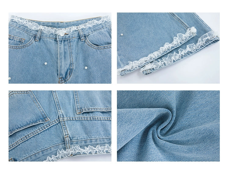 UNIFREE Beaded Lace Stitching High Waist Slim Jeans