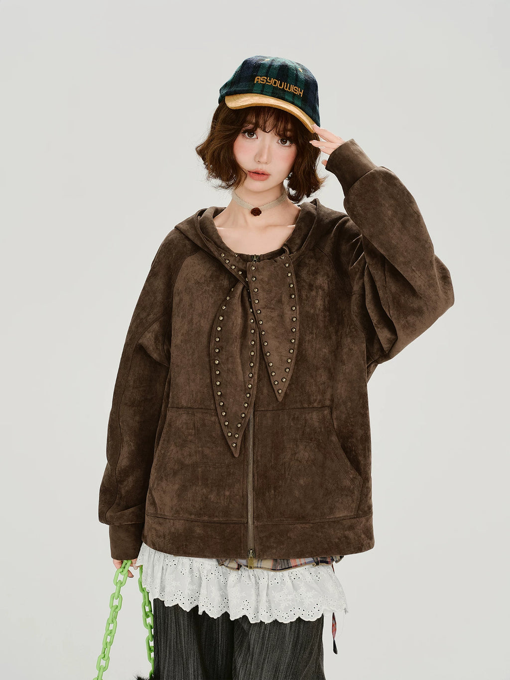 Girlyhalo Vintage Loose Suede Hooded Jacket