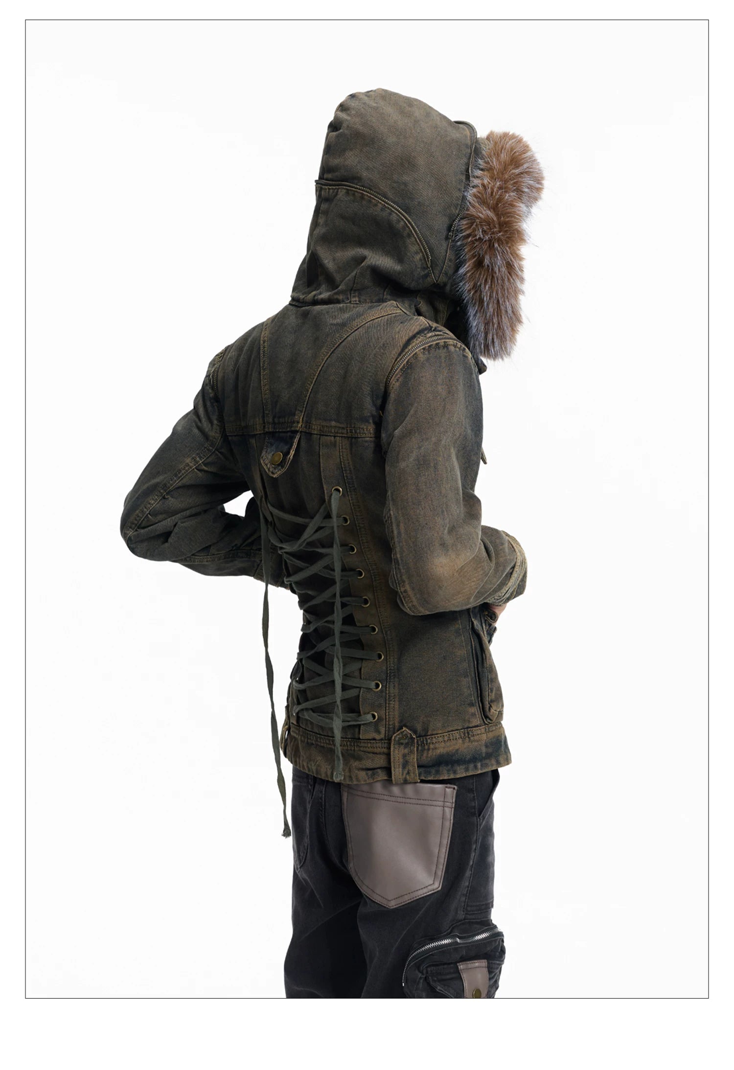 Lightinus Removable Sleeve Fur Collar Two Wear Strap Waist Denim Jacket