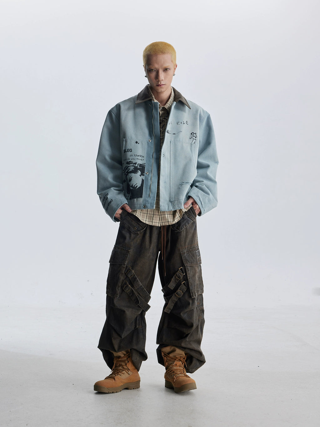 NOMANIAI Vintage Double-sided Print Lapel-neck Leather-neck Zip-up Jacket