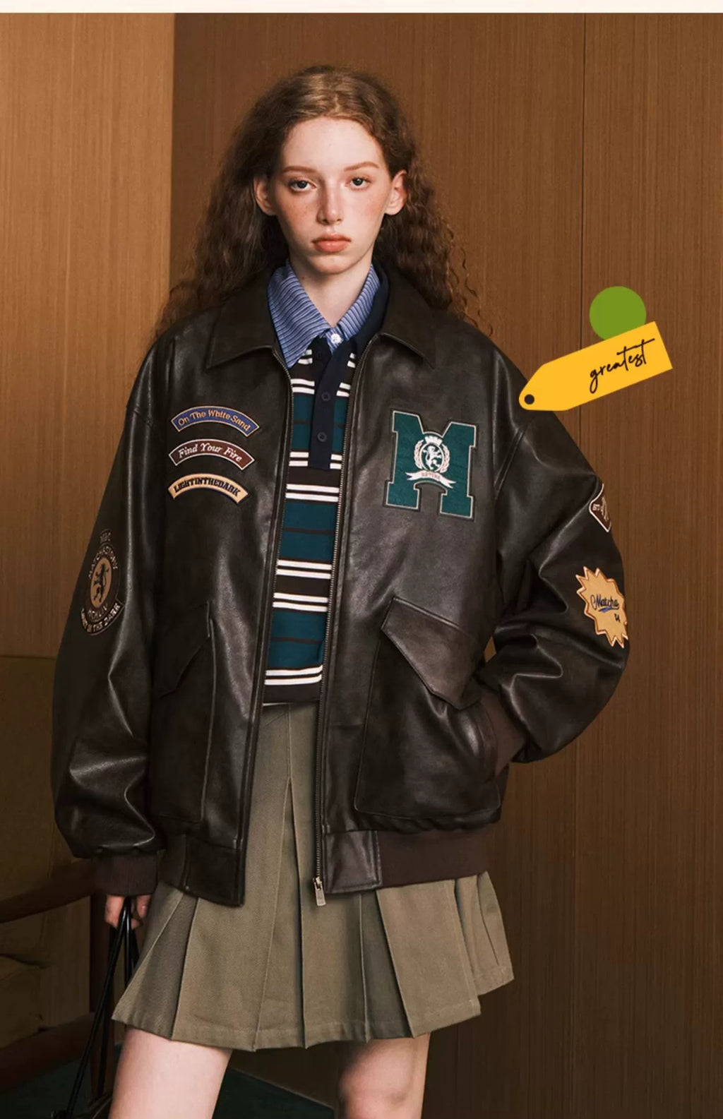 MATCHA STORY Badge Embroidered Lapel Leather Jacket