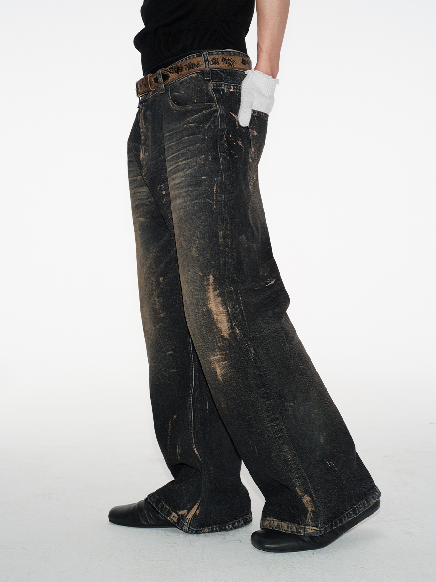 JCAESAR Paint Wipe Dirty Straight Loose Jeans