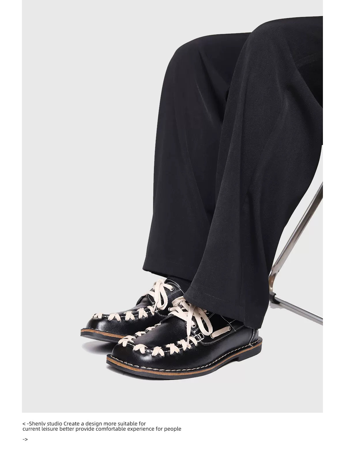SHENLV STUDIO Cross-strap Square-head Flat-soled Leather Shoes