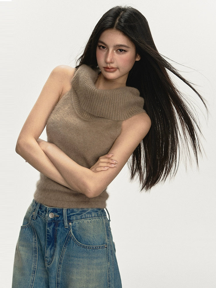 Anna Aneae One-word Shoulder Multi-wear Stacked Collar Knitted Vest