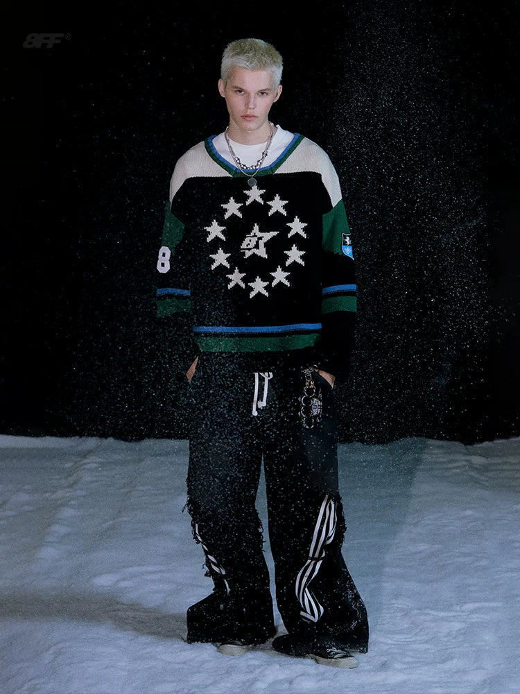 8FF Vintage Contrast Badge Star Embroidered Knitted Sweater