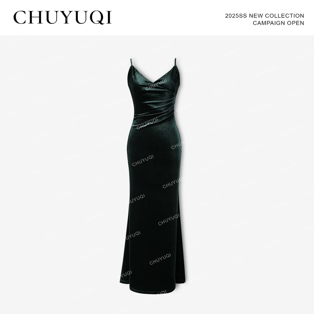 CHUYUQI Retro Velvet Suspender Halter Dress