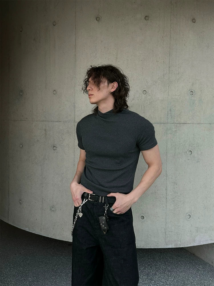 Slight Vogue Crossed Jumpcollar Straight Shoulder Knitted Slim Tee