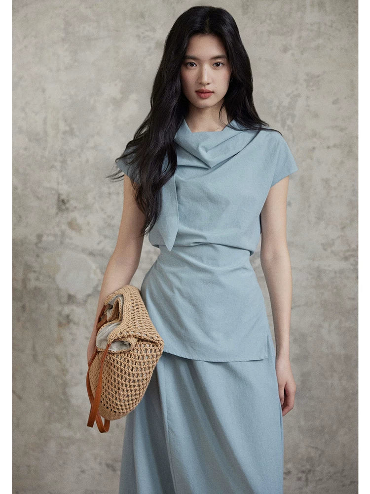 TYANG Casual Swinging Collar Shirt Skirt Set