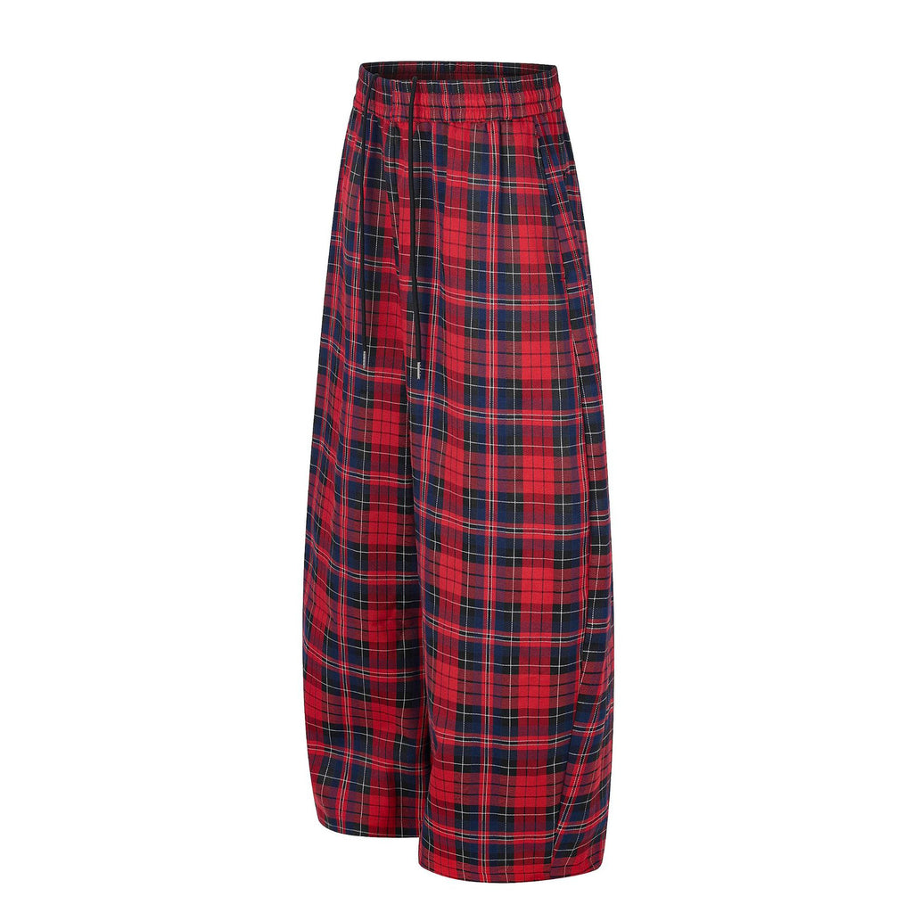 11KN Retro Plaid Drawstring Casual Wide-leg Pants