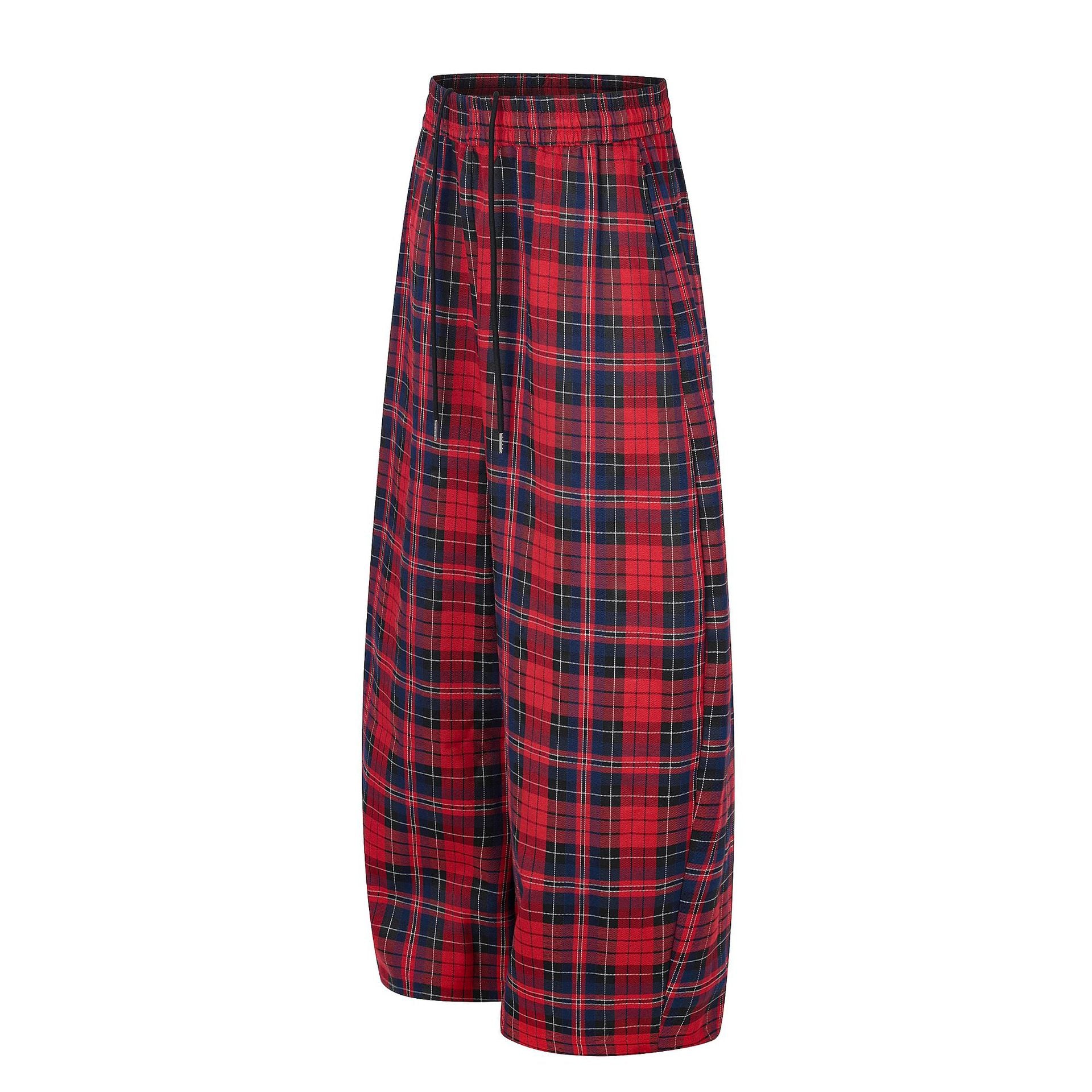 11KN Retro Plaid Drawstring Casual Wide-leg Pants