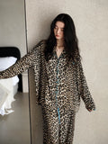 YUENEI Fashion Leopard Print Ice Silk Long-sleeved Trousers Pajamas