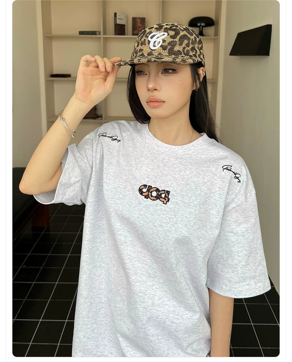 404MOB Leopard Print Alphabet Embroidered Round Neck Versatile Tee