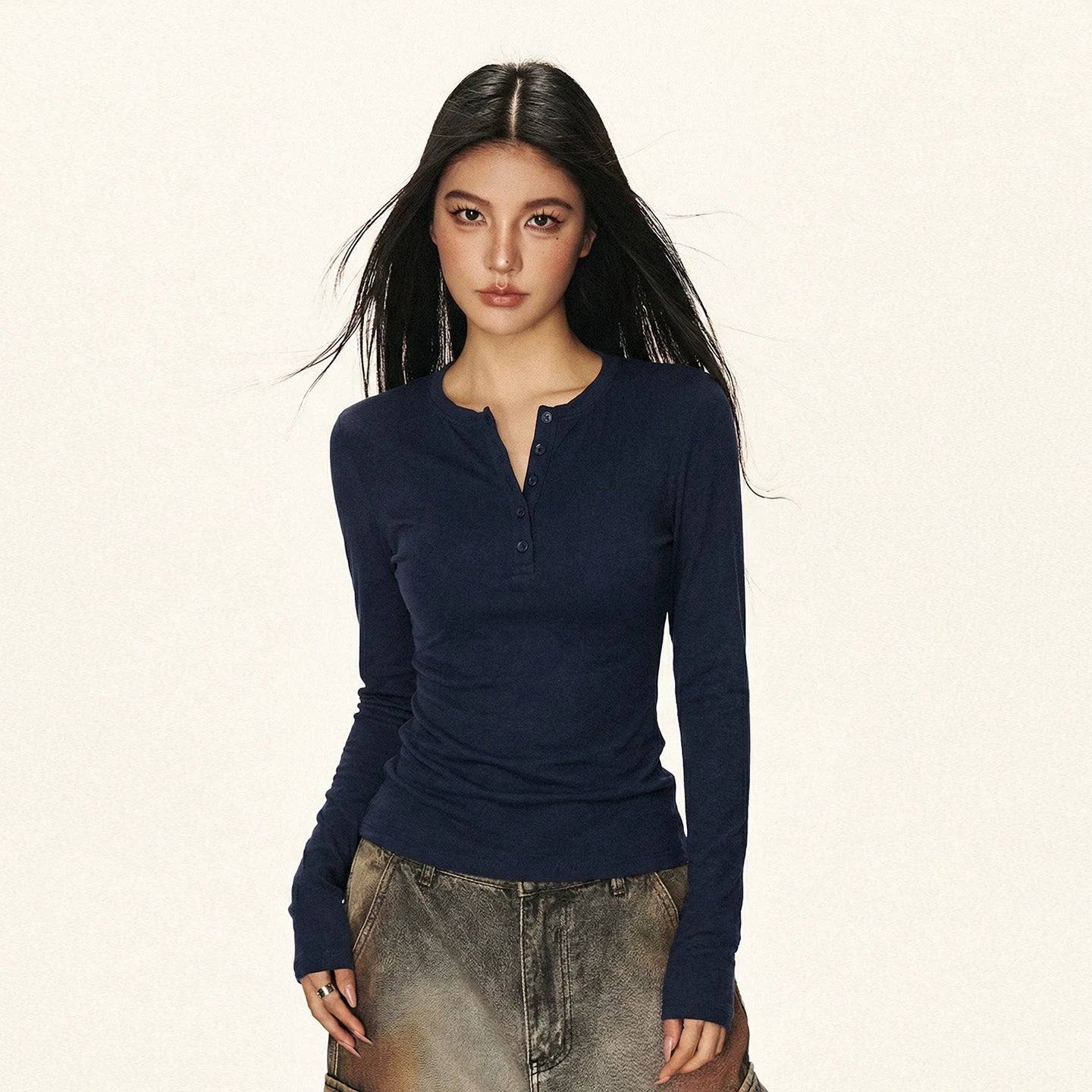 Cherry Melody Cropped Ribbed Henley Long-Sleeve Tee