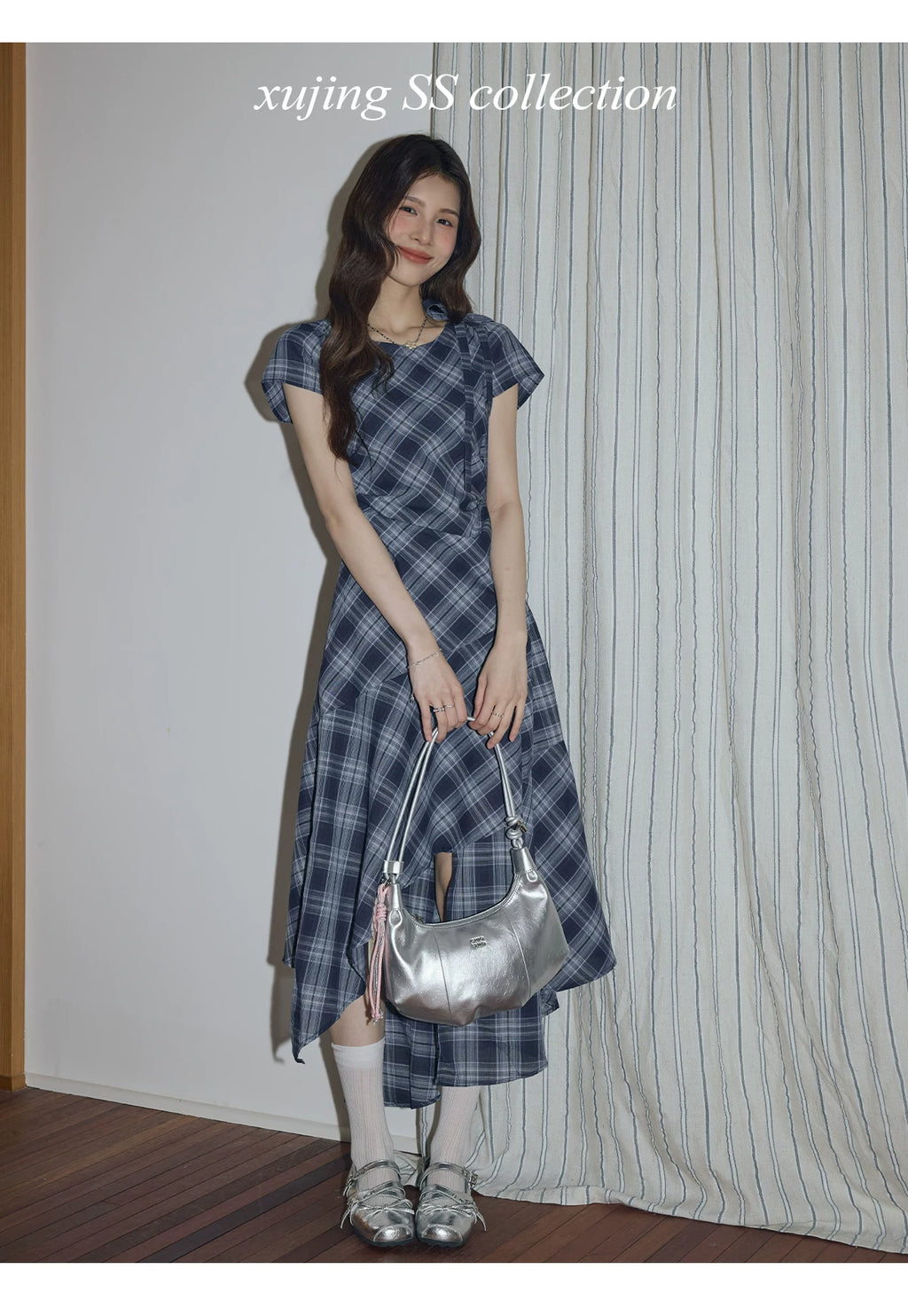 XUJING Retro Drape Irregular Plaid Dress