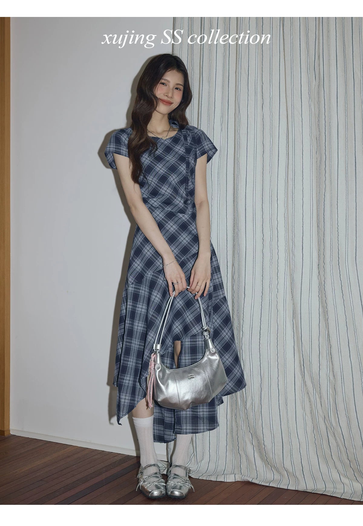 XUJING Retro Drape Irregular Plaid Dress