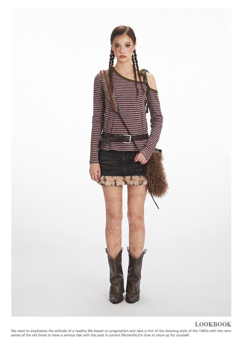 Nariele Vintage Slant Neck Striped Slim Sleeve