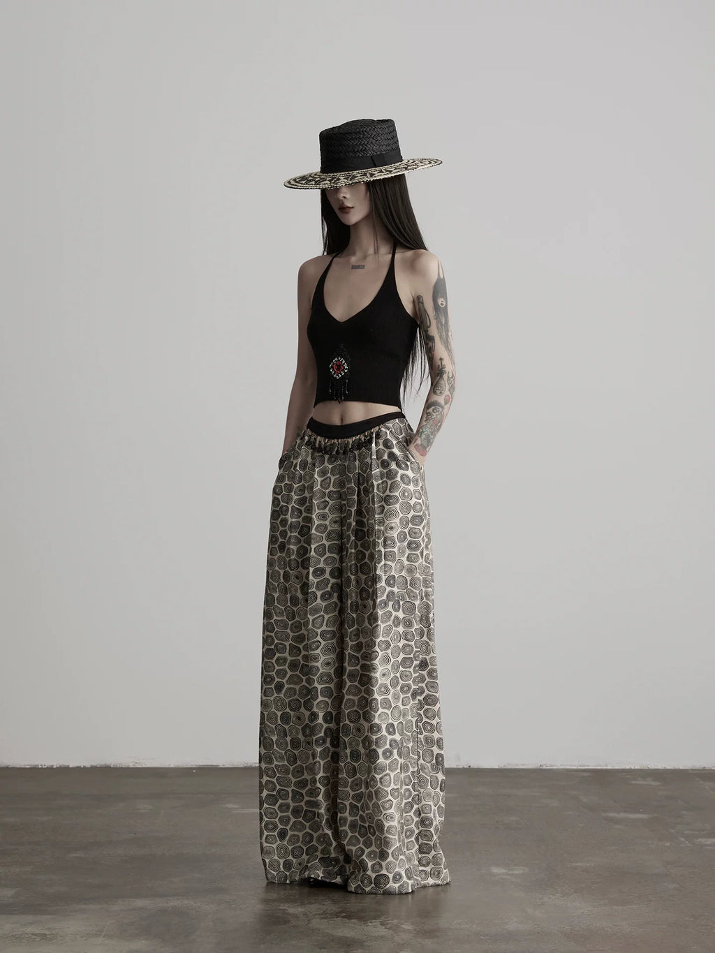 INDULGE Beaded Full Print Straight Wide-leg Thin Trousers