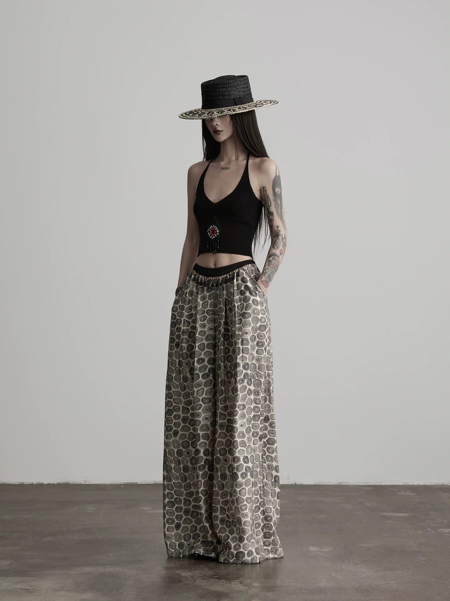 INDULGE Beaded Full Print Straight Wide-leg Thin Trousers