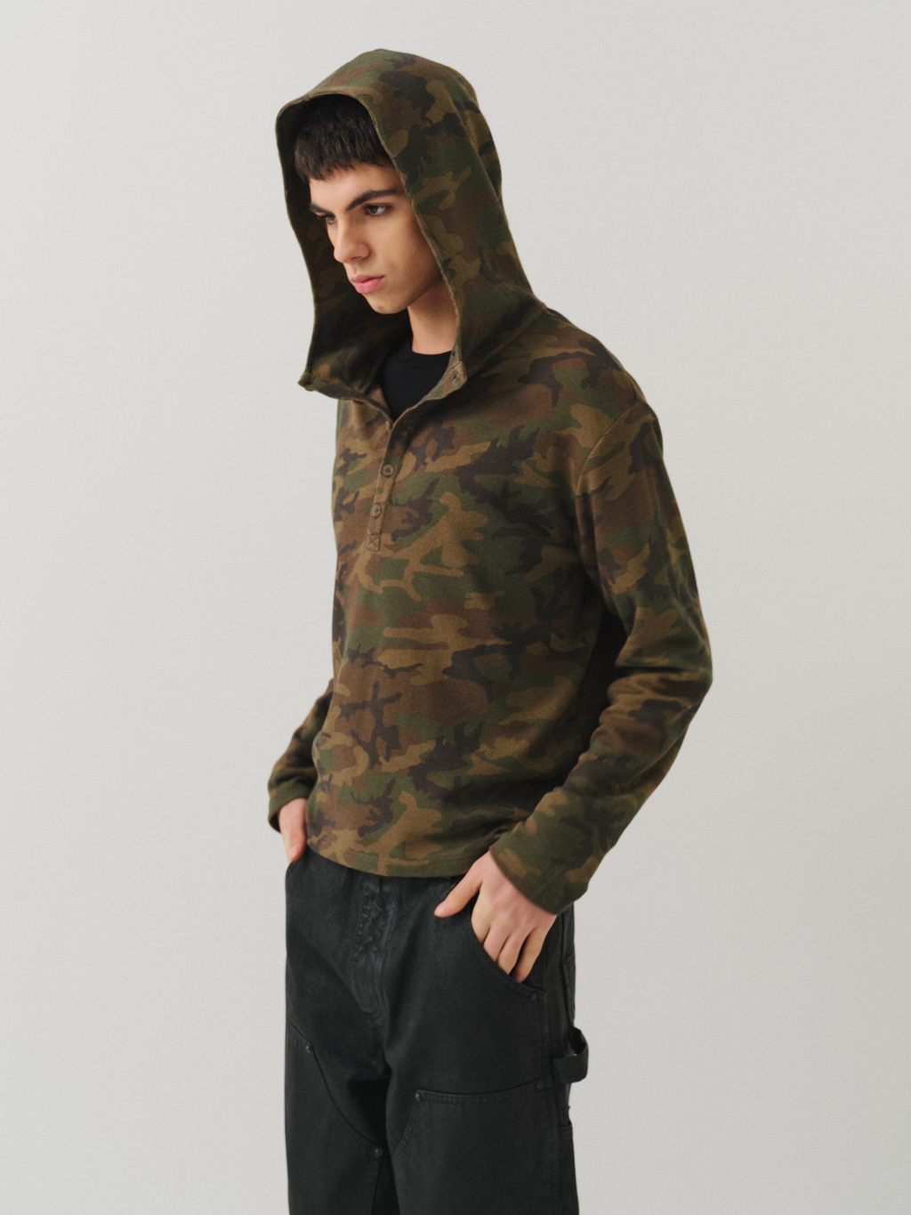 VLABMADE Waffle Green Camouflage Contrast Hooded Long Sleeve