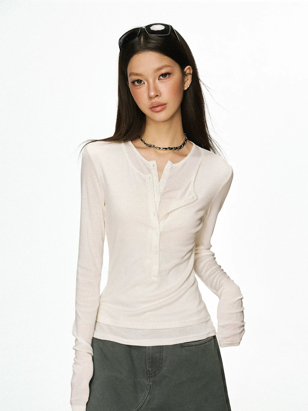 Cherry Melody Henry Shirt Collar Fake Two Long Sleeves