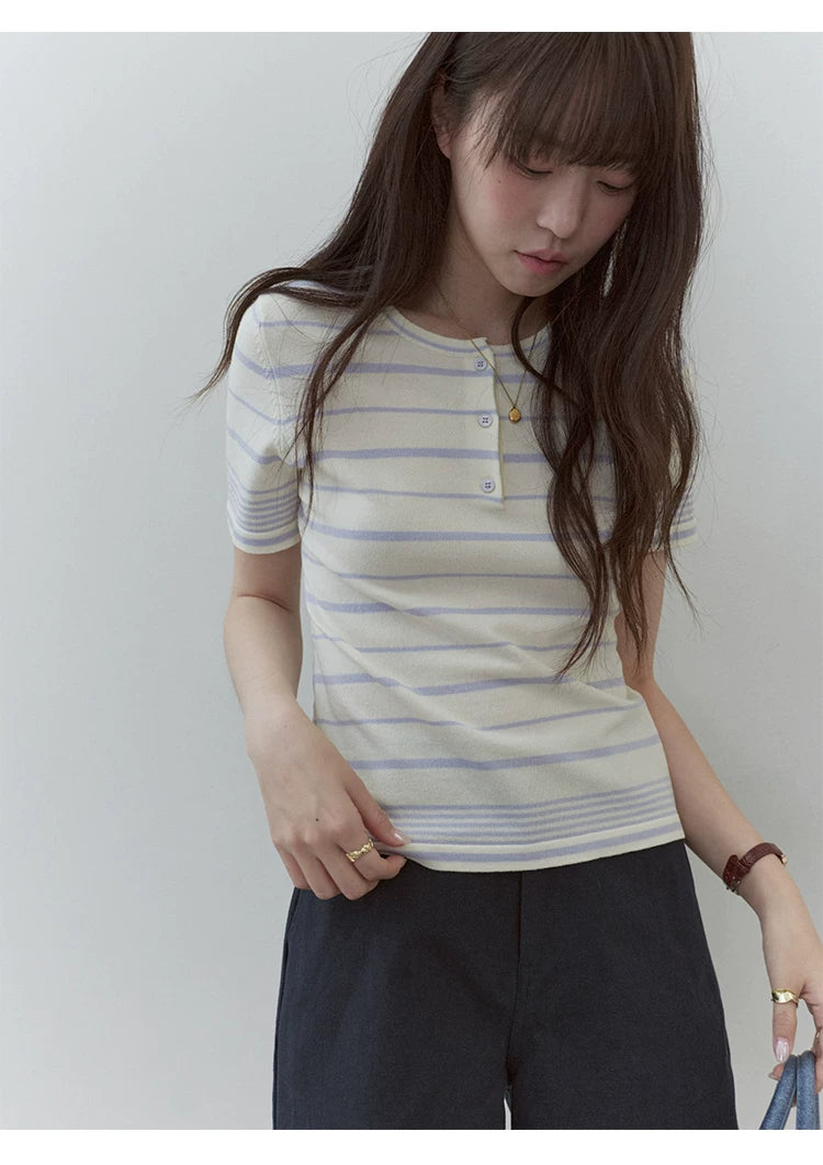 VOOE Contrasting Color Crew Neck Striped Knitted Tee