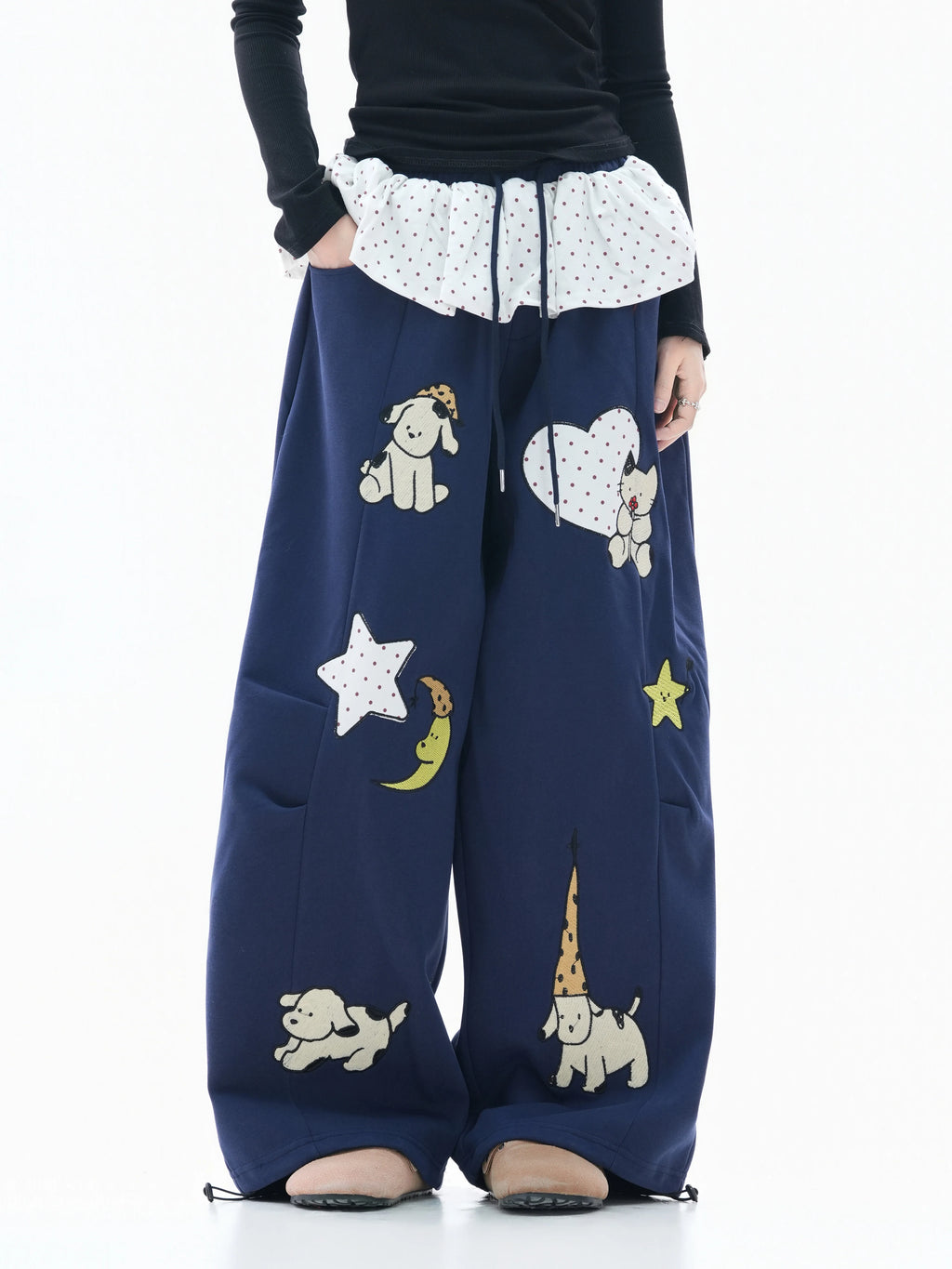 Zuocisankon Polka Dot Fart Curtain Cartoon Embroidered Sweatpants