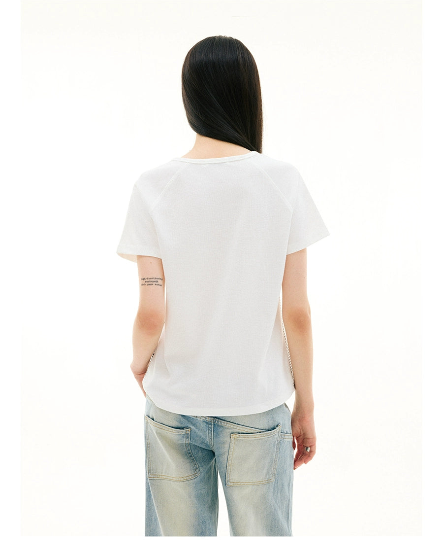 FUNKYFUN Pinstripe Contrasting Patchwork Shoulder Tee