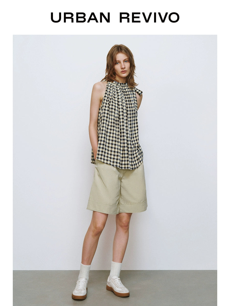 URBAN REVIVO Wave Style Contrasting Color Plaid Super Loose Blouse Shirt