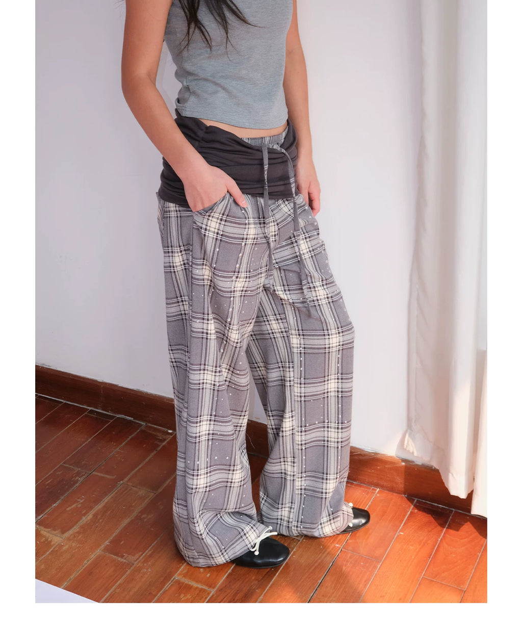 FUNKYFUN Waist Stacked Plaid Slacks