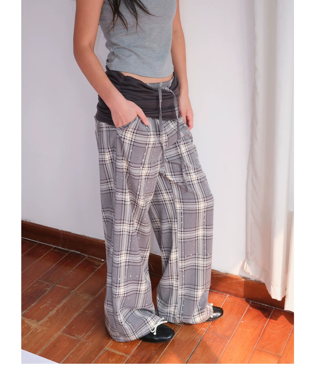 FUNKYFUN Waist Stacked Plaid Slacks
