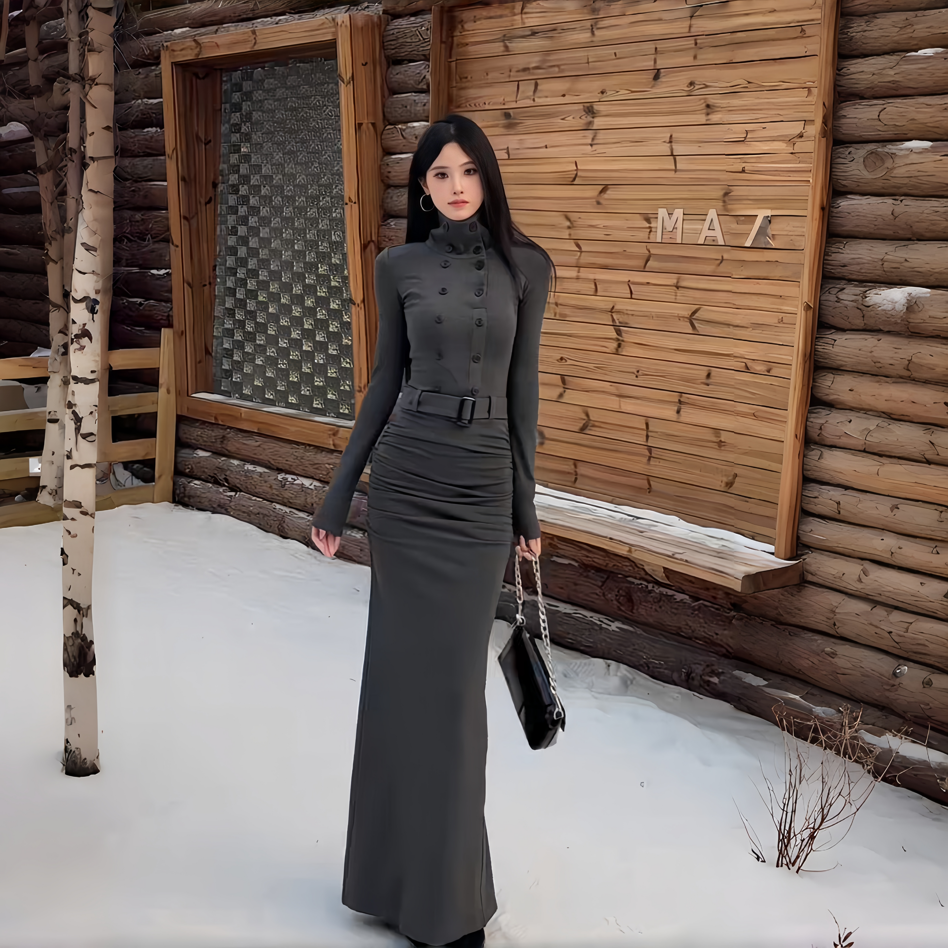 Instunning Turtleneck Long-sleeved Breasted Belt Temperament Dress